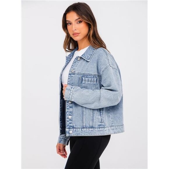 Womens Oversized Jean Jacket Casual Long Sleeve Button Down Denim - Picture 4 of 7